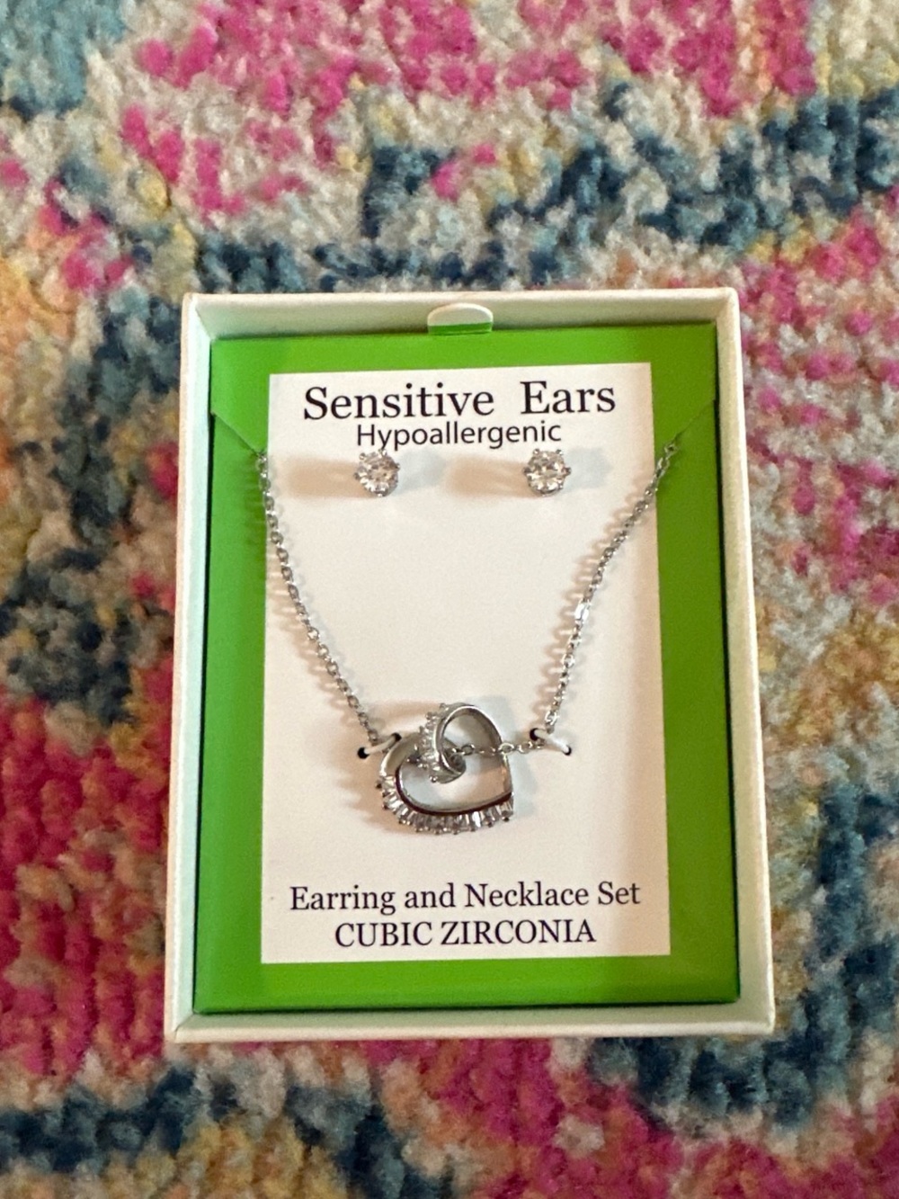 Hypoallergenic Silver Heart Necklace & CZ Stud Earrings -